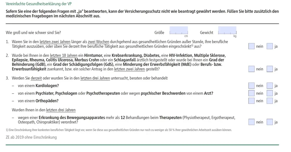 Berufsunfähigkeitsversicherung + Basisrente HDI  ersetzende Gesundheitsfragen
