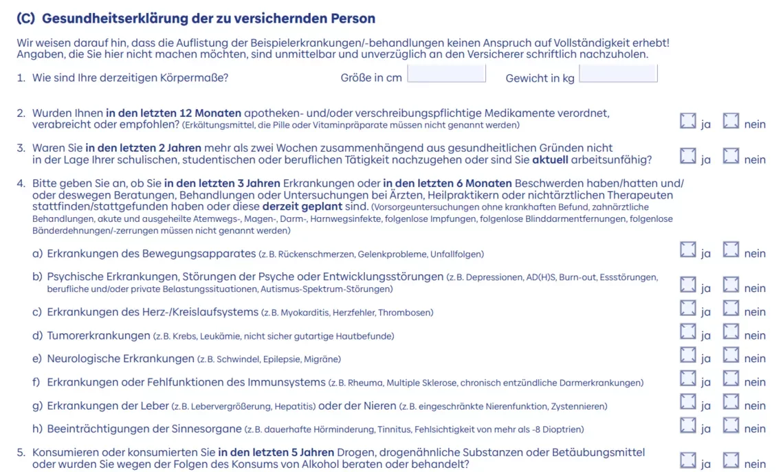 Berufsunfähigkeit Baloise (Basler) verkürzte Gesundheitsfragen