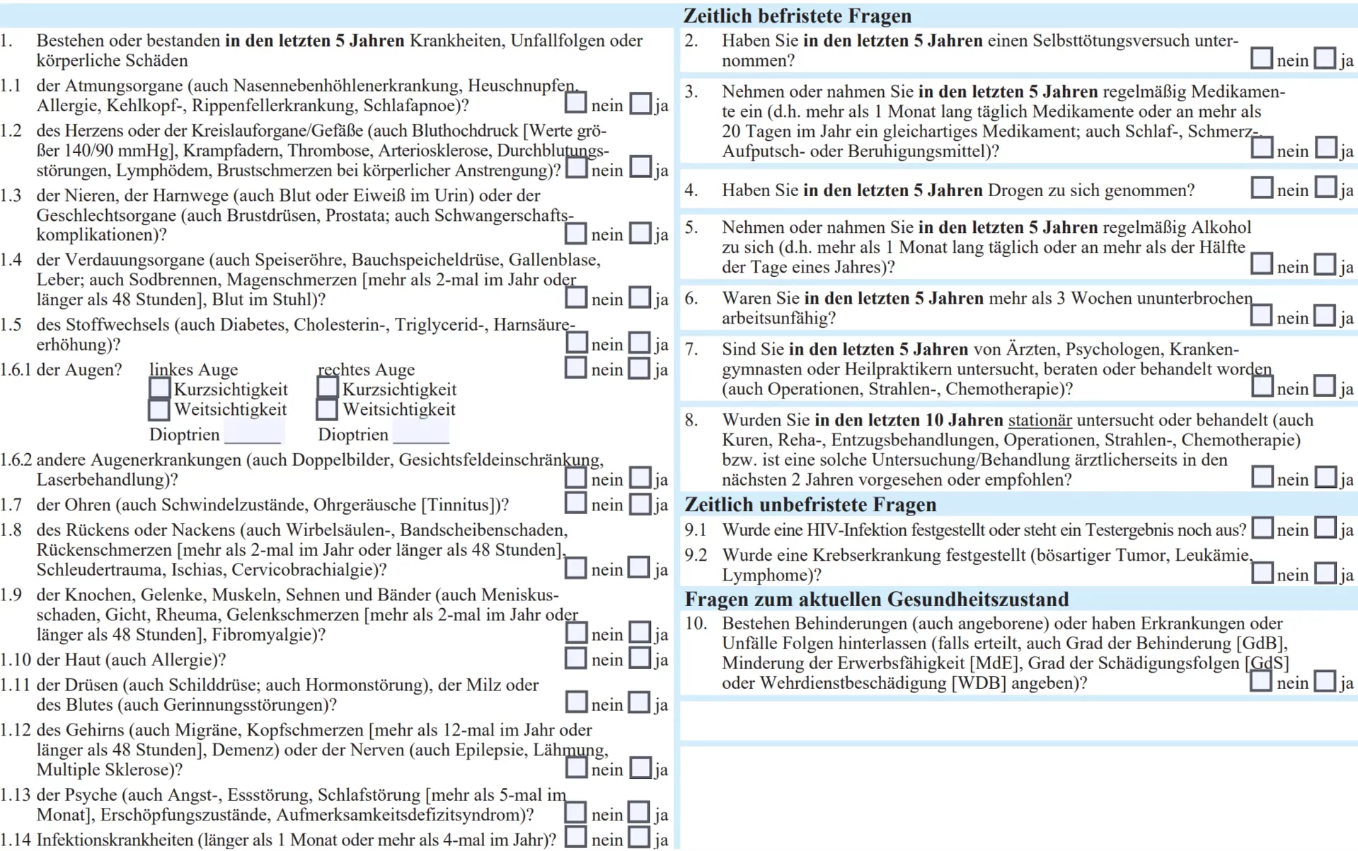 Berufsunfähigkeitsversicherung Risikovoranfrage Fragen