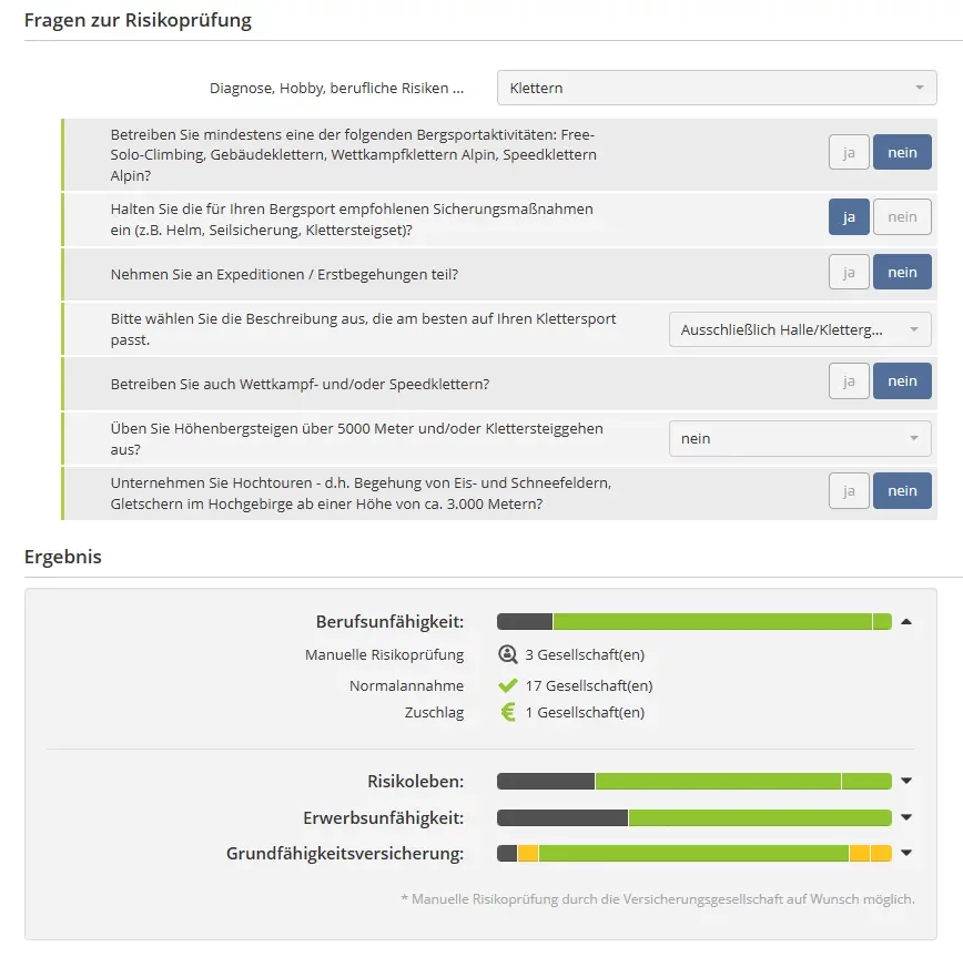 Berufsunfähigkeitsversicherung Klettern nur Halle