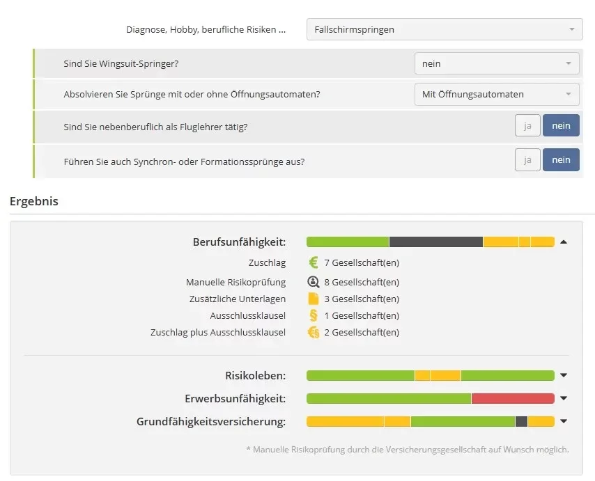 Berufsunfähigkeitsversicherung Fallschirmsprung mit Öffnungsautomatik ohne Formationssprung