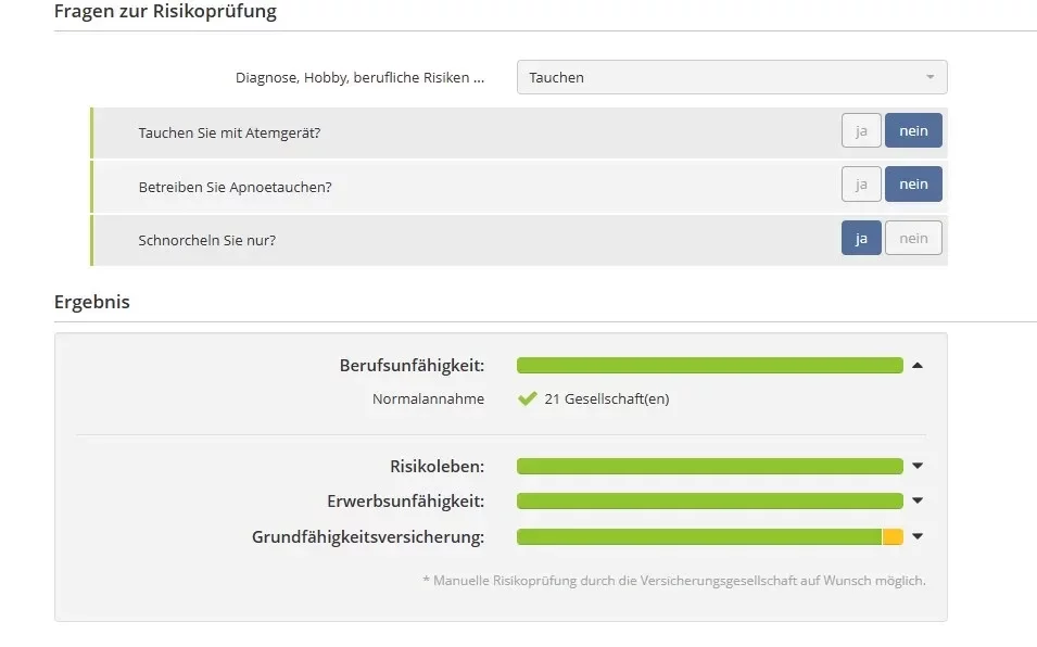 Berufsunfähigkeitsversicherung Tauchen nur Schnorchel