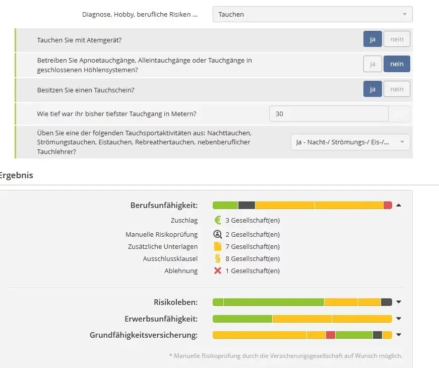Berufsunfähigkeitsversicherung 30 Meter mit Tauchschein auch Nachttauchen Strömungstauchen Eistauchen
