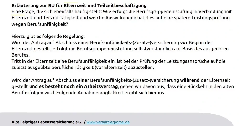 Berufsunfähigkeitsversicherung Alte Leipziger Erläuterung zur BU für Elternzeit und Teilzeitbeschäftigung 1