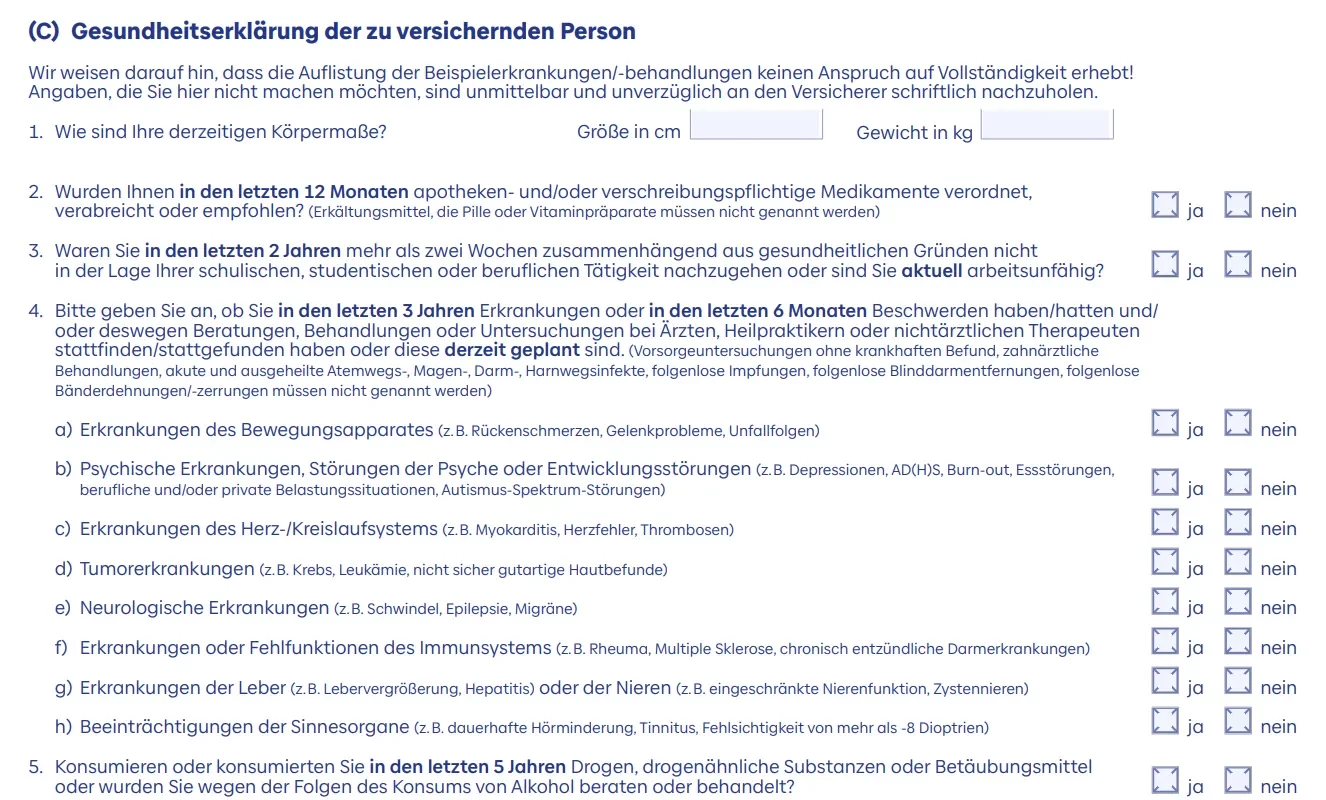 Berufsunfähigkeit Baloise (Basler) verkürzte Gesundheitsfragen